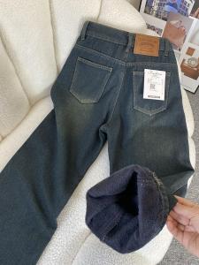 Fleece Lined High Waist Denim Pants Straight Leg Wide Leg Pants Slimming Cross Cover Winter New Style Womens Casual Jeans