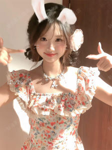 French Lace Splicing Oil Painting Floral Square Collar Womens Summer Slimming Sweet Little Flying Sleeve Long Dress