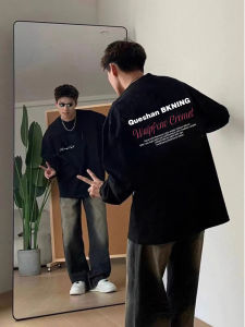 Áo Thun Nam Tay Dài Cotton Phong Cách Mỹ Dáng Rộng Cổ Tròn Thường Ngày Mùa Xuân Thu Áo Hoodie