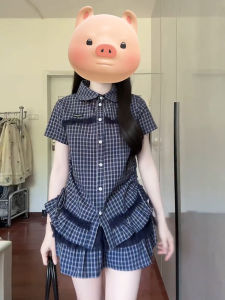 LIRENQING | Retro Blue Checkered Short Sleeve Shirt and Skirt Set