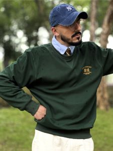 Comfortable Heavy Embroidery Gold Thread Pure Cotton Casual Plaid Sweatshirt American Retro Style Spring Fashion Green Color
