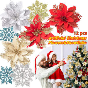 1/6/12PCS Glitter Poinsettia Artificial Flowers Snowflake Christmas Tree Decors Family Xmas Ornaments
