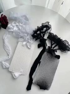 Vớ Dài Qua Đầu Gối Dành Cho Nữ JK Lolita Có Dây Đeo Nơ Ren Màu Đen Lưới Dây Kim Loại Đan Len Polyester Elastane