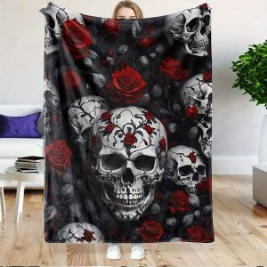 VIKAMA Dark Skeleton Rose Blanket Flannel Gothic Style Living Room Sofa Blanket Lunch Break Holiday Decoration Essential