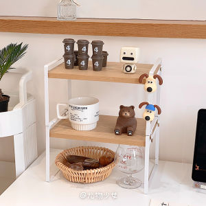 Simple Office Desktop Organizer Rack Double Layer Iron Art Cosmetic Storage Shelf Wooden Surface Display Stand Arrangement
