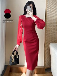 Red Slim Fit Dress Elegant Womens Fashion French Waist Cinching Skirt Bubble Sleeve Bead Decoration High Quality Polyester Fiber