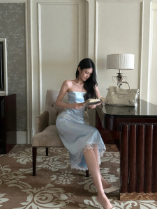 VENUIE | Elegant Shallow Blue Satin Slim Fit Crop Top with Irregular Skirt Set