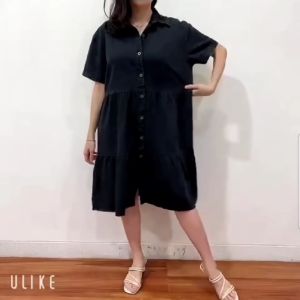 SJM SNOW BLACK PEPLUM DRESS BAHAN DENIM JEANS PREMIUM TEBAL BABYDOLL CANTIK
