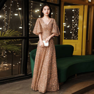 ชุดราตรีประดับเลื่อมขนาดใหญ่ ชุดราตรีสไตล์เกาหลี กระโปรงทรงเอ ผ้าไนลอน สายเดี่ยว เอวกลาง แขนยาวปานกลาง