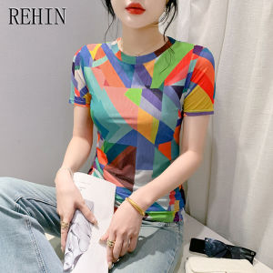 REHIN Summer Fashion Mesh Color Cube Printing Short Sleeve T-shirt Round Neck Slim Fit Elegant Womens top