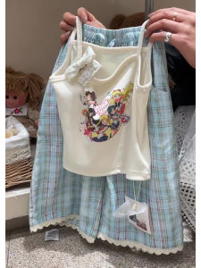 Bộ Đồ Trẻ Em Mùa Hè Phong Cách Hàn Quốc in Họa Tiết Áo Vest Kẻ Caro Quần Thời Trang Trẻ Em Hai Mảnh Đi Bộ Đường Phố