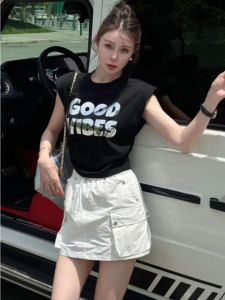 European Goods Fashionable Stylish Suit Womens Summer Letter Vest T-shirt Tops Parka Skirt Fancy Two-piece Set