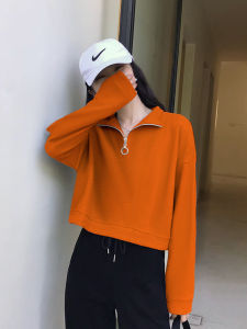 XIAOMENG | Stylish Mandarin Collar Half Zip Orange Short Sweatshirt