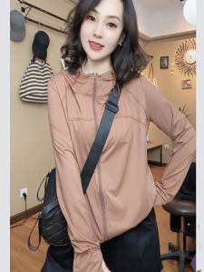 Womens Summer Thin Quick Dry Cool Feeling Breathable Hooded Outdoor Running Sun Protection Clothing Top with Drawstring