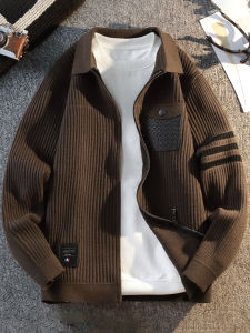 Knitted Open Cardigan Jacket Mens Spring Autumn Flip Collar Sweater Coat High-End Feeling Outerwear Linen Gown Casual Style