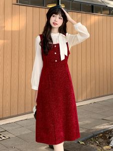 Bộ váy sơ mi MUTU dài tay kiểu Pháp cổ thắt nơ thanh lịch