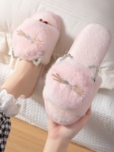 Trendy Furry Slippers Indoor Air Conditioner Warmth Room Cute One-Strap Plush Slippers Women Spring Low Heel Flat Bottom PVC