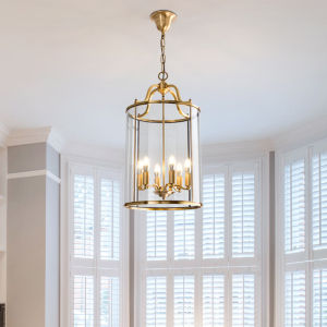 [Free Bulbs] Glass Chandelier Entrance Restaurant 44CM Brass Lamp Body Simple Staircase Bar Metal Solder Cylinder Birdcage Glass Lamp Warm Light