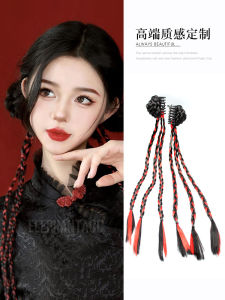 New Chinese Style Double Bun Hairpiece with Twist Braid Long Fake Hair Grab Clip Box Braid Finished Hair Bundle Highlighted Red