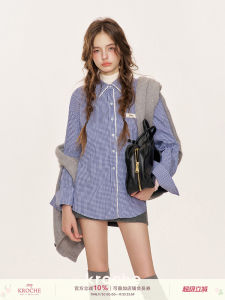 เสื้อเชิ้ตลายสก็อตหลวมๆ สบายๆ ขอบลูกไม้โรแมนติก Kroche คอโปโล แขนยาว ปกติ คอกลม ปกติ ฤดูใบไม้ร่วง 2024