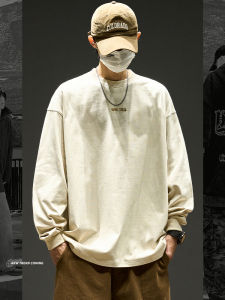 Long Sleeve T-Shirt Mens Japanese Style Simple Embroidery Pure Cotton Inner Wear Base Shirt Spring Autumn Loose Heavy Sweatshirt Trendy