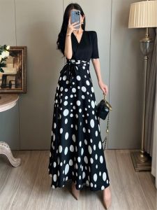 Ice Silk Polka Dot Mesh Splice Dress Womens Spring Summer New Waist Slimming Fake Two-Piece Long Skirt Korean Style V-neck A-line