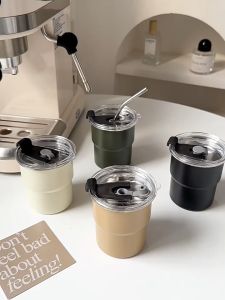 Camping Cup With Cup Sleeve Stainless Steel Cup Camping Mug Lid Straw Cookware Kitchen Utensil Camping Picnic Cawan