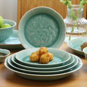 Dragon Well Green Porcelain Butterfly Loves Flower Dining Set Plate Household Dish Deep Plate 2025 New Stir-Fry Plate Flat Plate High-End Porcelain