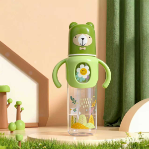 250ml baby bottle standard caliber food grade silicone nipple safety material with handle PP baby bottle bear shaped design cute cartoon print blue/pink/green/coffee color