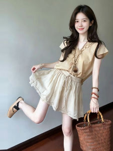 XUECAIQI | Korean Style Floral Trim V-Neck Shirt and Skirt Set