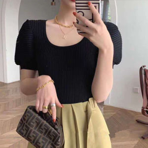 SIS Top Womens All-match Puff Sleeves Big Round Neck Slim Short Ice Silk Knitted T-shirt