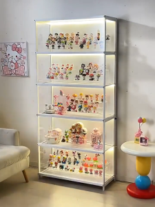 Bamboo Display Cabinet White/Black/Brown Three-sided Transparent with LED Lights Large Storage Strong Load-bearing