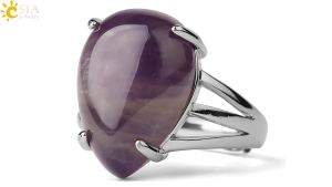 CSJA Water Drop Crystal Rings Natural Stone Ring for Girl Ametist Purple Rose Pink Quartz Green Aventurine Proposal Jewelry G689