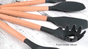 12PCS silicone kitchen utensils tools cooking set wooden handle spatula soup spoon set