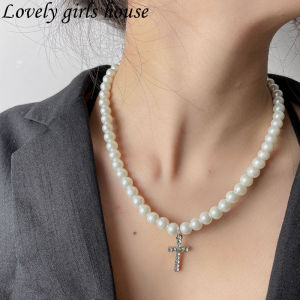 【♡Lovely girls house♡】จำลองไข่มุก S Trand ลูกปัดเค้นคอสร้อยคอสำหรับผู้ชายผู้หญิงอินเทรนด์ R Hinestones ข้ามจี้อุปกรณ์เครื่องประดับแฟชั่น