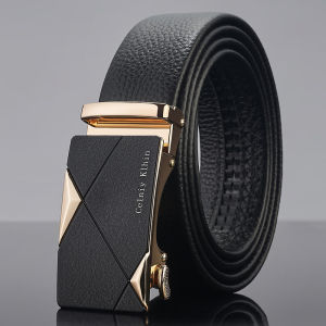 Pure Calfskin Leather Belt Mens Genuine Automatic Buckle Trendy Younger Pants Belt Business Style Geometric Pattern Waist Belt