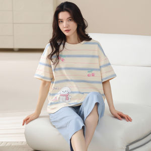 MiiOW | Pure Cotton Nightgown Womens Summer Thin Short Sleeve With Chest Pad Seven Pants Outdoor Wearable Home Clothes MiiOW Cat Person