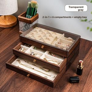 UBT | Luxury Jewelry Box with 3 Layers Black Walnut Wood Grain Necklace Earring Storage