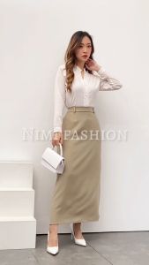 NIMI - Rok Kerja Wanita Panjang Rok A Line Formal Pinggang Karet Sisi Samping Kancing Kait Resleting Wanita