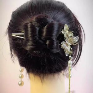 New Chinese Style Pearl Tassel Hairpin Butterfly Pattern Cold Tone Womens Hair Accessories Vintage Updo Hair Tools