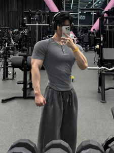 ZHUOCAN | Gray Henry Neck Fitted Hem Muscle Fit Fitness Tee