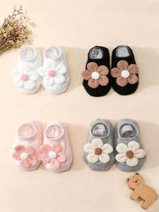 4 Pairs of Baby Girls Cute Ladylike Flower Decorated Short Socks Solid Color Anti-Slip Bottom Boat Socks Four Seasons Versatile