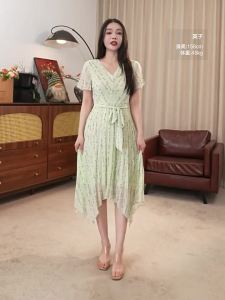 Irregular Hem Letter Print Tie V-Neck Dress