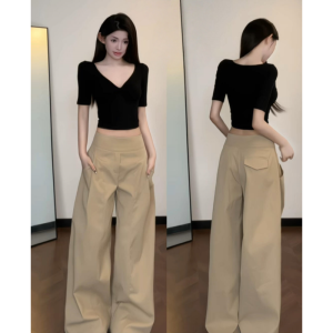 Quần Ống Rộng Cạp Cao Màu Kaki Dài Đến Sàn Cho Nữ Dáng Rộng Thoải Mái Dài 180cm Thiết Kế Lười Biếng Quần Dài Thường Ngày