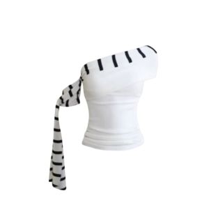 YUEZHONGWEI | เสื้อยืดแขนสั้นผู้หญิงสไตล์อเมริกัน ทรงเข้ารูป ลายทาง สีบล็อก ไหล่ตก แฟชั่นฤดูร้อน เสื้อตัวบนคอวี