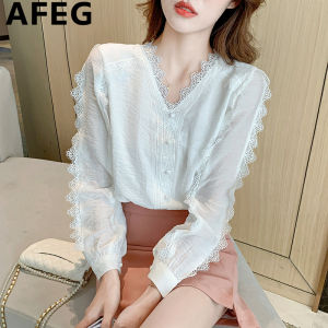 AFEG solid color Korean V-neck fashion loose temperament chiffon splicing lace long-sleeved blouse