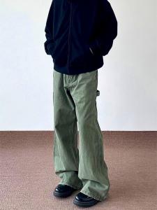 กางเกงยีนส์ทรงหลวมขาตรงสีเขียวสไตล์อเมริกันสำหรับผู้ชาย กางเกงขายาวทรงหลวมสไตล์วินเทจ Cleanfit ทรงลำลองสำหรับใส่ไปทำงาน