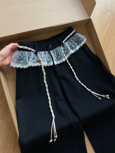 Quần Ống Rộng Xếp Ly Ren Màu Đen Cho Nữ Mùa Xuân Hè Thiết Kế Giả Hai Mảnh Quần Dài Thường Ngày Cạp Cao