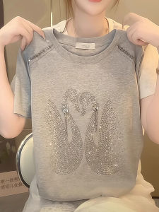 Pure Cotton Grey Swan Heavy-duty Short Sleeve T-shirt Womens Summer New Design Half Sleeve Shoulder Appropriate Top