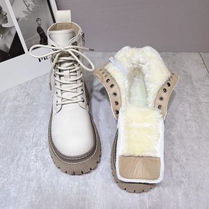 Hong Kong Genuine Leather Thick Bottom Snow Boots Women Winter New Fleece Lined Thick Cotton Shoes Leather Fur Integrated Martin Boots